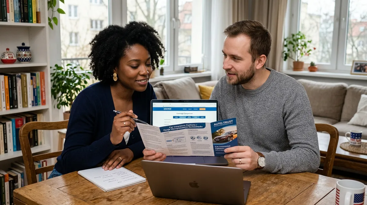 Para porządkuje materiały edukacyjne o ubezpieczeniu komunikacyjnym przy komputerze